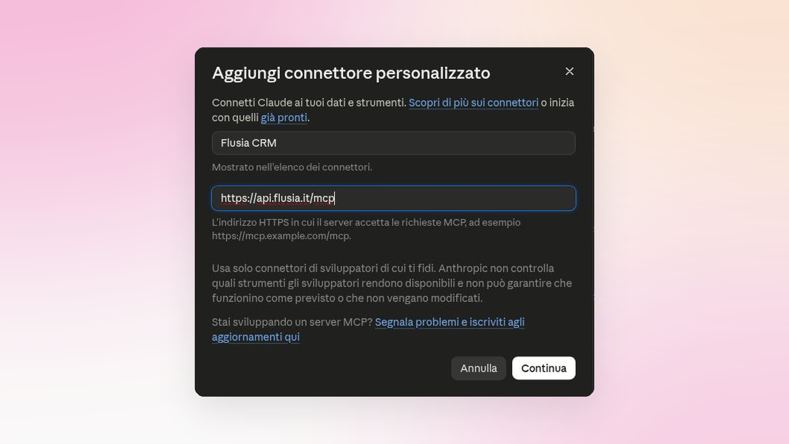 The Claude "Add custom connector" dialog with the Flusia MCP server URL