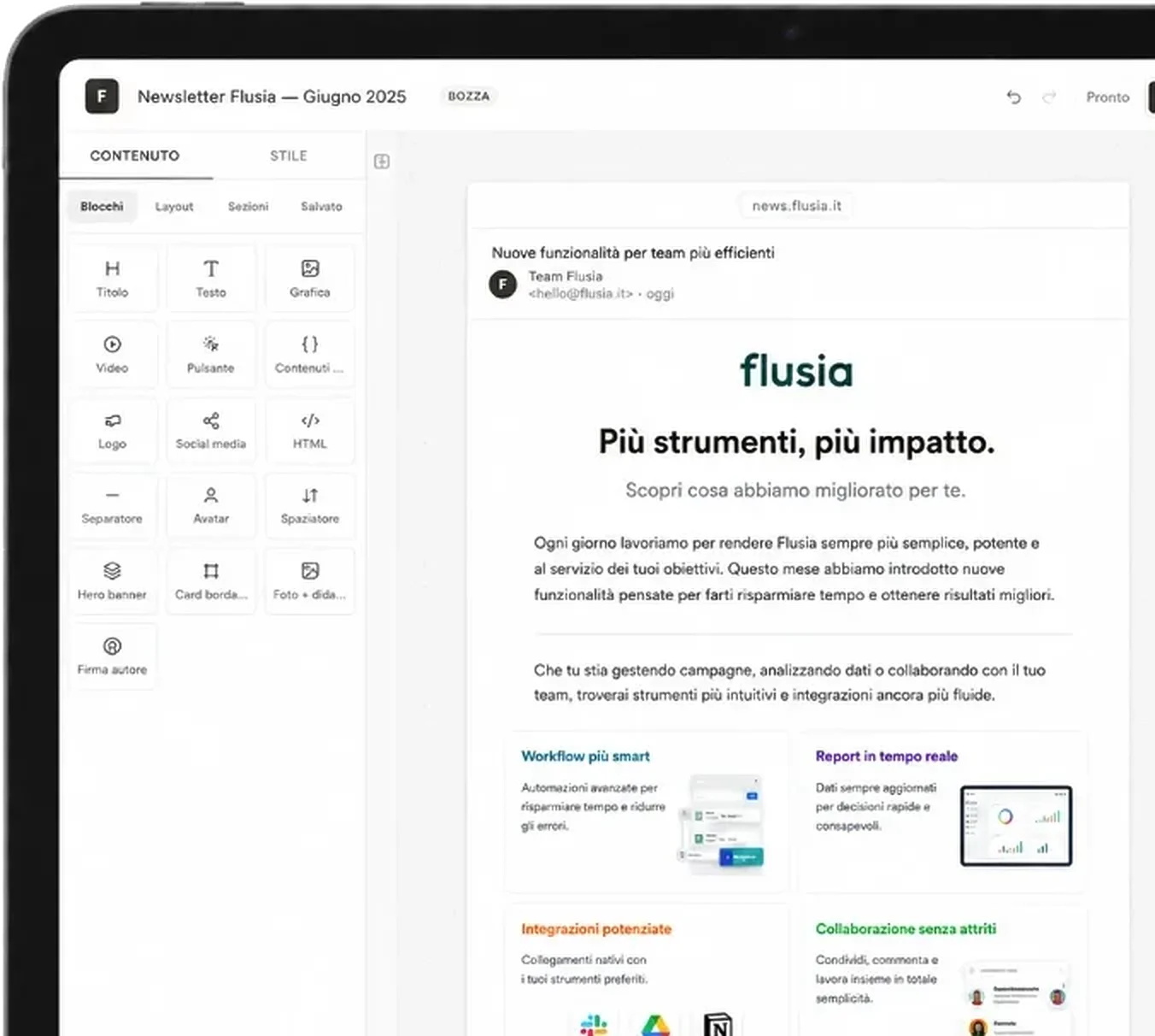 Schermata Flusia dell’editor newsletter a blocchi